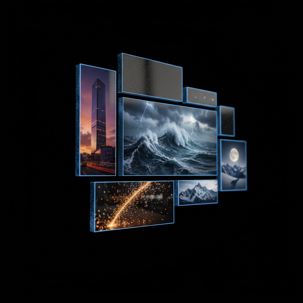 A moody cinematic collage-style composition where multiple rectangular video frames of varying sizes overlap against a velvety black background, forming an organic but tidy cluster. Frames depict diverse cinematic imagery: a stormy ocean with towering waves, an ultra-modern glass building at dusk, slow-motion sparks flying from an unseen source, and a serene moonlit mountain range. Each frame has a subtle luminous edge suggesting hover states and clickability. Directional side lighting adds a gentle sheen across the cluster, giving the frames a tangible, glass-like thickness. Shot at a slight angle with pronounced depth of field, some frames are in crisp focus while others blur softly. The mood is dynamic and expressive, perfect for a portfolio highlighting range and experimentation in video work.