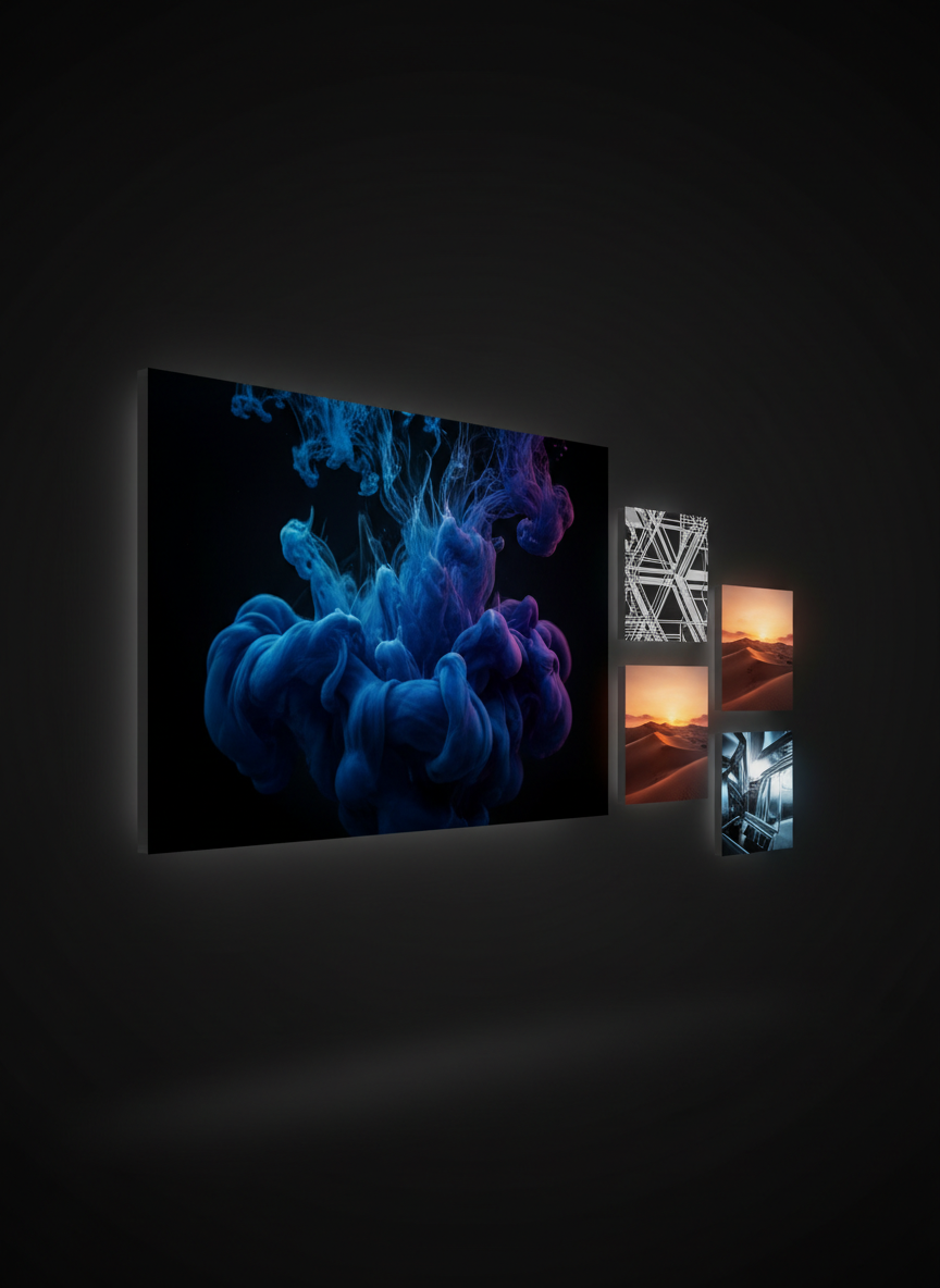 A minimalist video project detail layout where a large, cinematic thumbnail floats on the left and a staggered column of smaller thumbnails recedes into the darkness on the right. The main thumbnail shows an ultra-detailed macro shot of ink swirling through water in slow motion, with rich blues and purples blooming against near-black. Surrounding it, the smaller thumbnails suggest different moods: stark monochrome geometry, warm desert sunset, futuristic metallic surfaces. A dim, controlled studio lighting setup accentuates the luminous quality of each frame, while the negative space stays pure charcoal. Shot from an oblique three-quarter angle to emphasize depth and layering. The mood is refined and artistic, conveying a high-end studio showcasing curated video work.