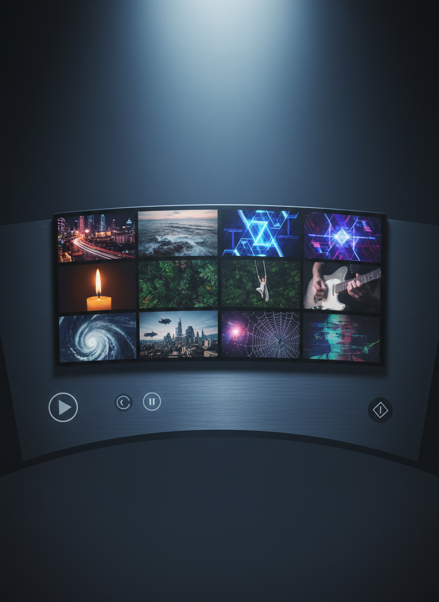 A stylized, cinematic overhead view of a digital editing desk implied without showing software: a large curved monitor-like panel displays a mosaic of video thumbnails in a clean grid, each a different vivid scene—time-lapse city lights, crashing ocean waves at dusk, abstract glitch art, and a slow-burning candle in close-up. The surrounding desk surface is dark brushed metal with subtle reflections, holding non-textual, minimalist icons resembling playback controls. Soft, cool overhead lighting creates a halo effect around the grid, while the rest of the environment falls into gentle shadow. The composition is balanced and graphic, with sharp lines and high contrast. The mood is focused and creative, suggesting the behind-the-scenes craft of cinematic video production and portfolio curation.