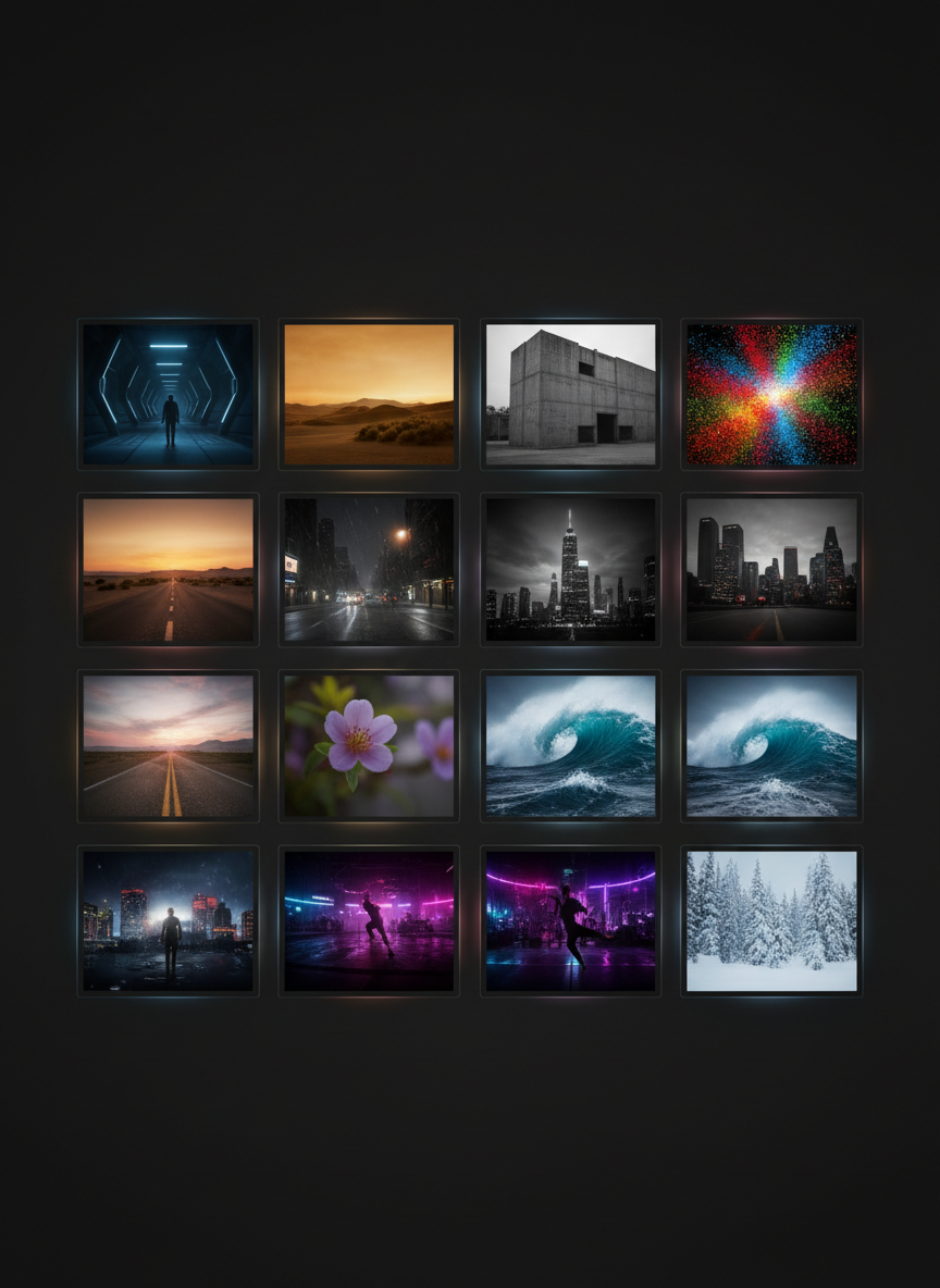 A dark, cinematic portfolio grid of video thumbnails arranged in a precise, responsive layout over a matte black background. Each thumbnail is a miniature widescreen frame featuring a different genre: a moody sci-fi corridor with blue rim lighting, a golden-hour landscape of rolling hills, a stark black-and-white architectural study, and an abstract explosion of colored particles. Subtle softbox-style lighting appears to emanate from the thumbnails themselves, casting gentle glows and faint reflections on the surrounding surface. The composition is a straight-on, eye-level view with perfect symmetry and crisp edges, emphasizing clarity and clickability. The mood is polished, professional, and immersive, ideal as a visual for a video creator’s gallery page.