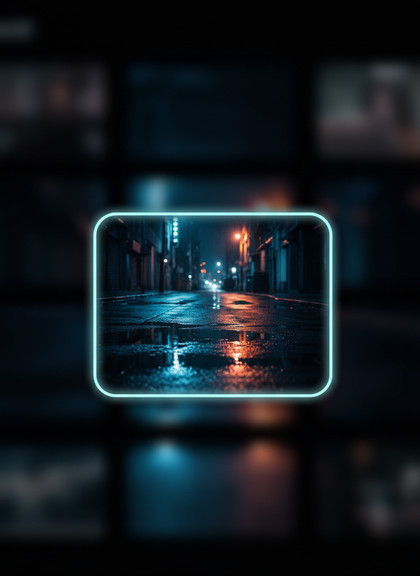 A single featured video thumbnail dominating the frame, styled as a cinematic movie poster without text. The scene shows a deserted nighttime street drenched in rain, with puddles reflecting cool blue and warm orange light from unseen sources. The thumbnail has a subtle glowing outline suggesting an interactive button, set against a velvety dark background with faint, out-of-focus shapes hinting at other thumbnails. Dramatic, high-contrast lighting creates deep shadows and glossy highlights on the wet asphalt. Captured in a centered, slightly low-angle composition with a shallow depth of field, the focus is razor-sharp on the center of the frame. The mood is mysterious, atmospheric, and intense, perfectly representing an auteur-style film reel in a portfolio.